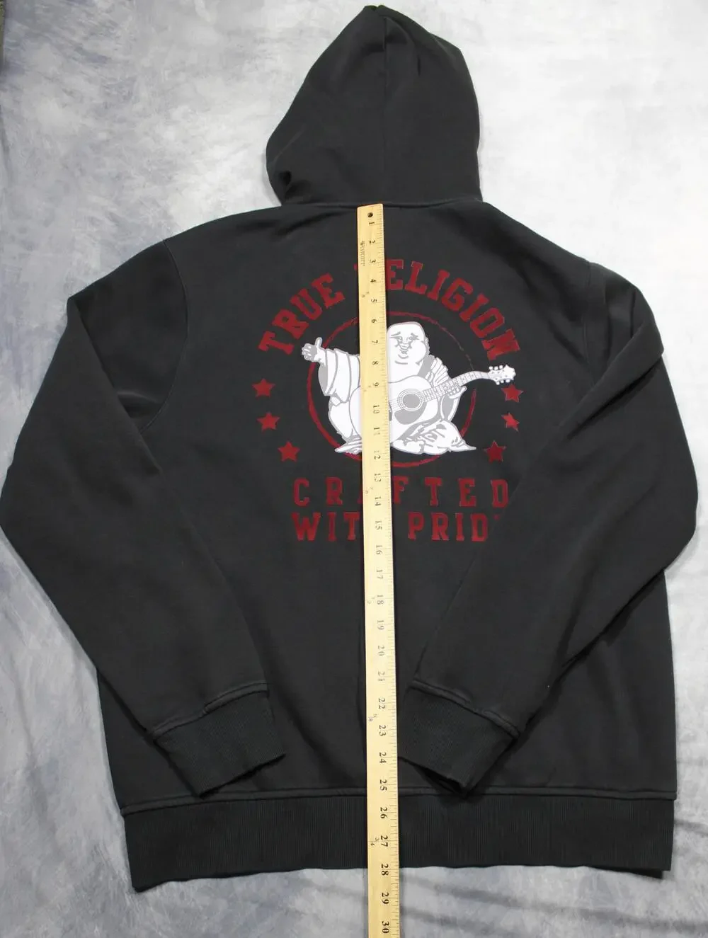 True Religion Hoodie Mens XL Black Full Zip Fleece Sweatshirt Buddha Graphic
